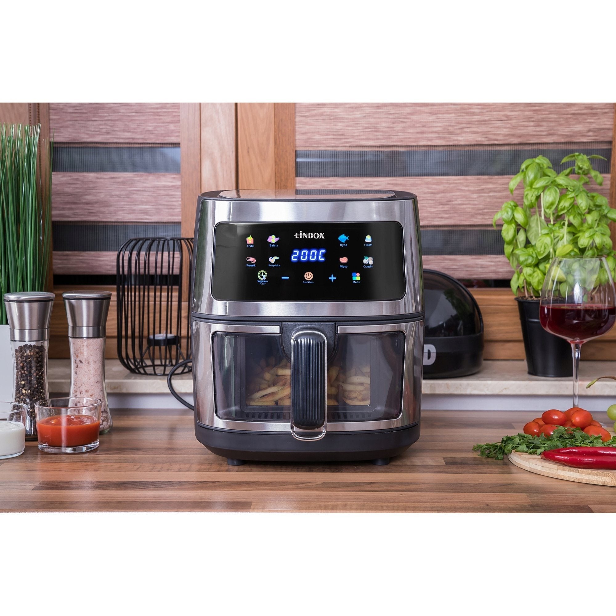 Frytkownica beztłuszczowa AIR fryer 5L/1600W INOX polskie kolorowe MENU podgląd przez okienko