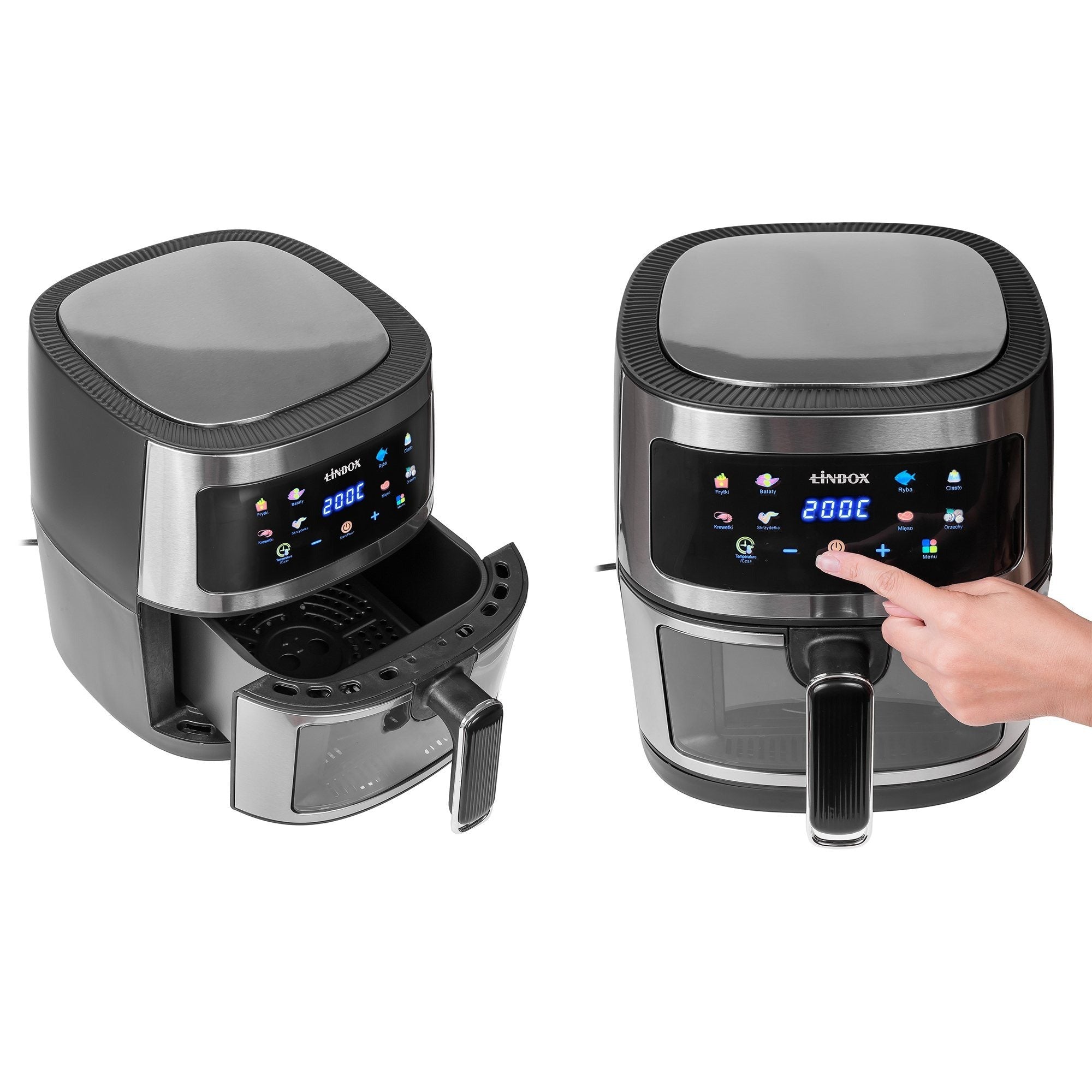 Frytkownica beztłuszczowa AIR fryer 5L/1600W INOX polskie kolorowe MENU podgląd przez okienko