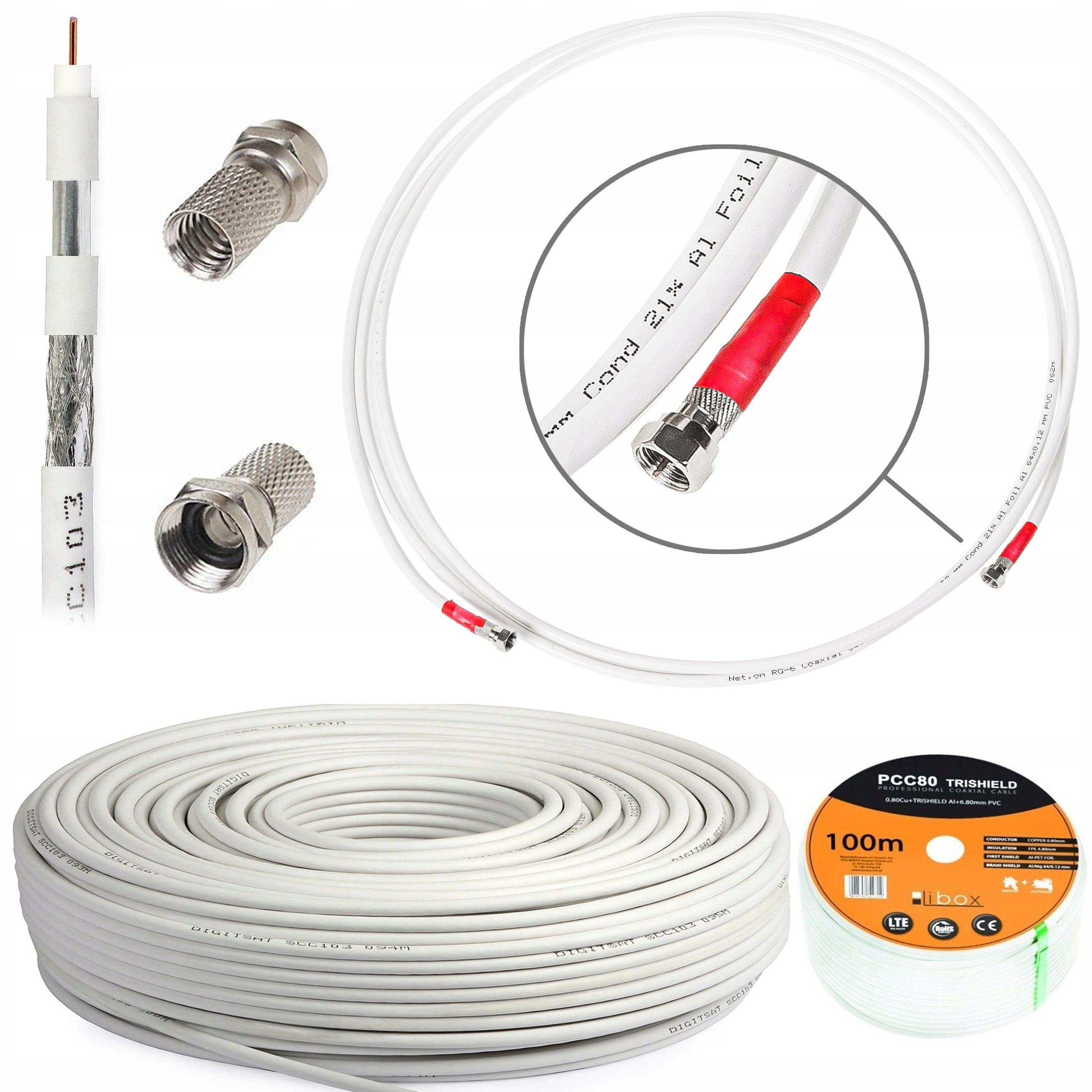 25M kabel koncentryczny RG6U CCS + złącza SAT F