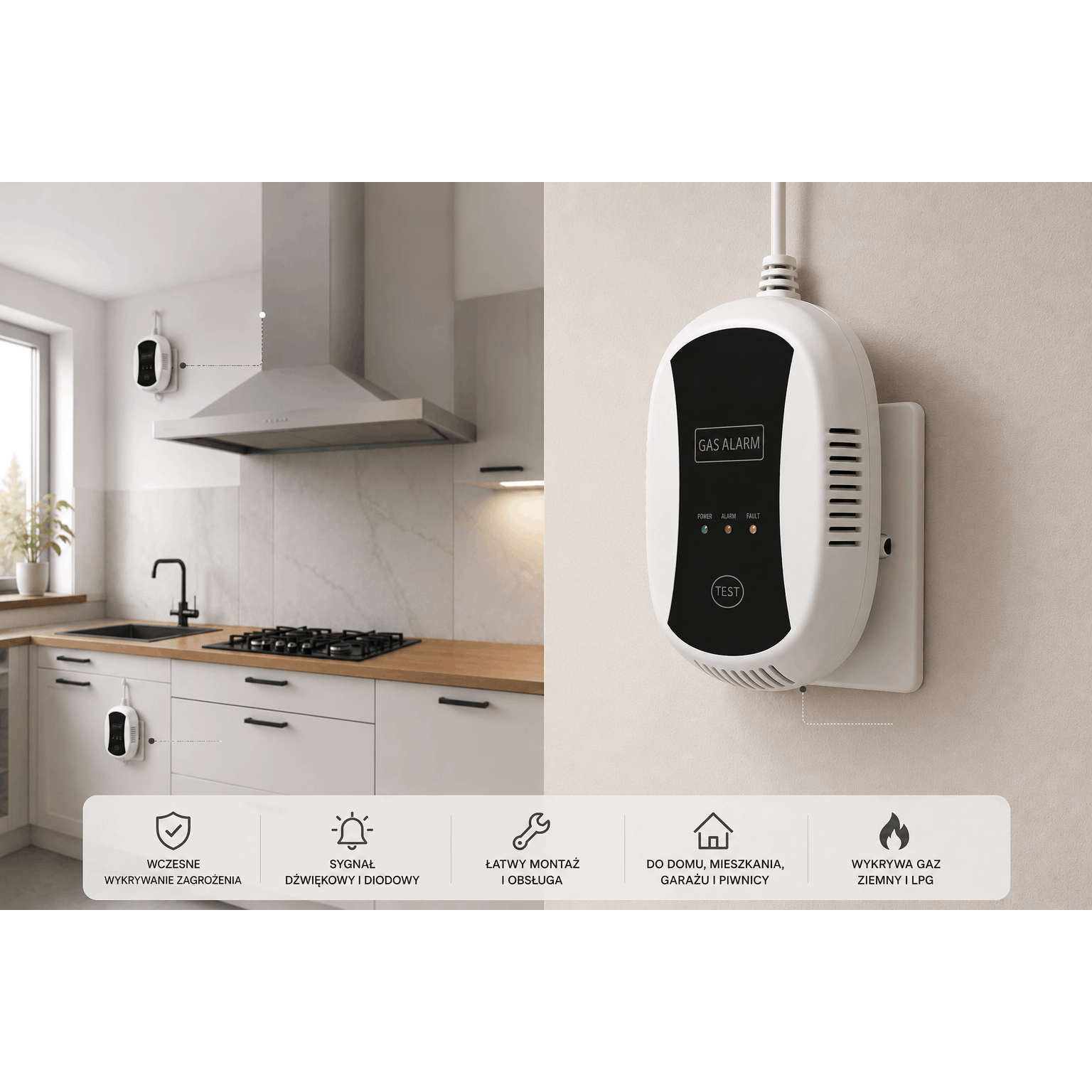 Detektor Gazu 230V - Czujnik Wycieku LPG, Propan-Butan i Gazu Ziemnego z Alarmem 75 dB