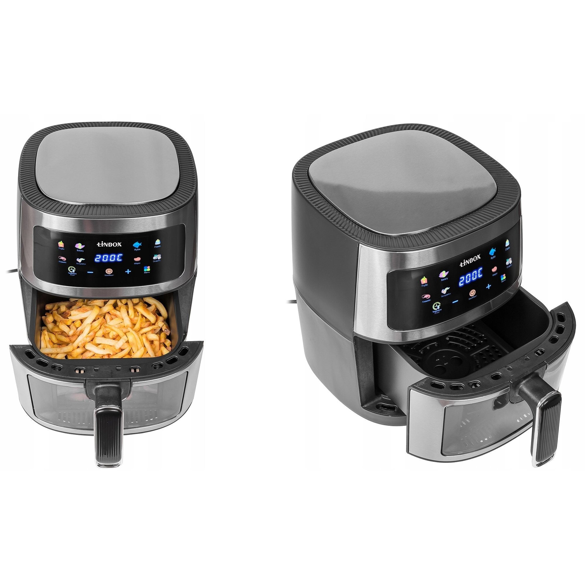 Frytkownica beztłuszczowa AIR fryer 5L/1600W INOX polskie kolorowe MENU podgląd przez okienko