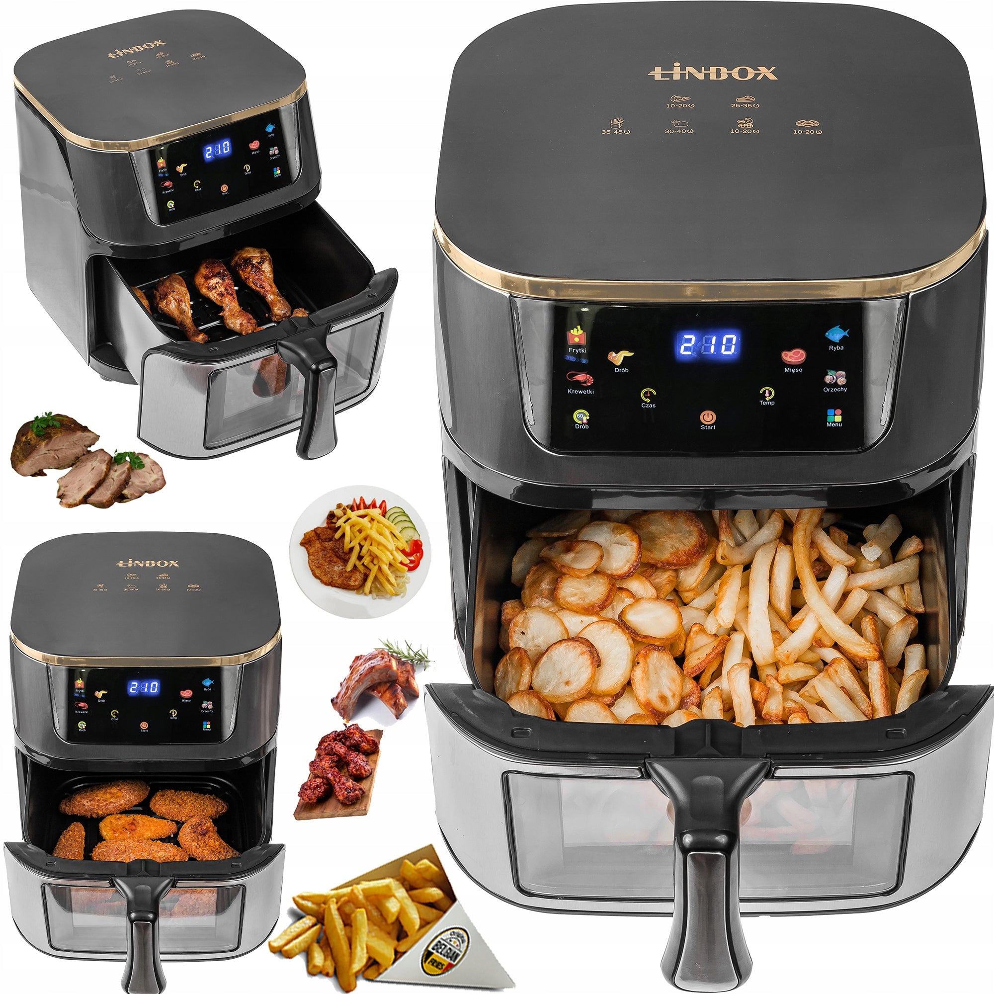 Frytkownica beztłuszczowa AIR fryer Linbox INOX czarna polskie MENU