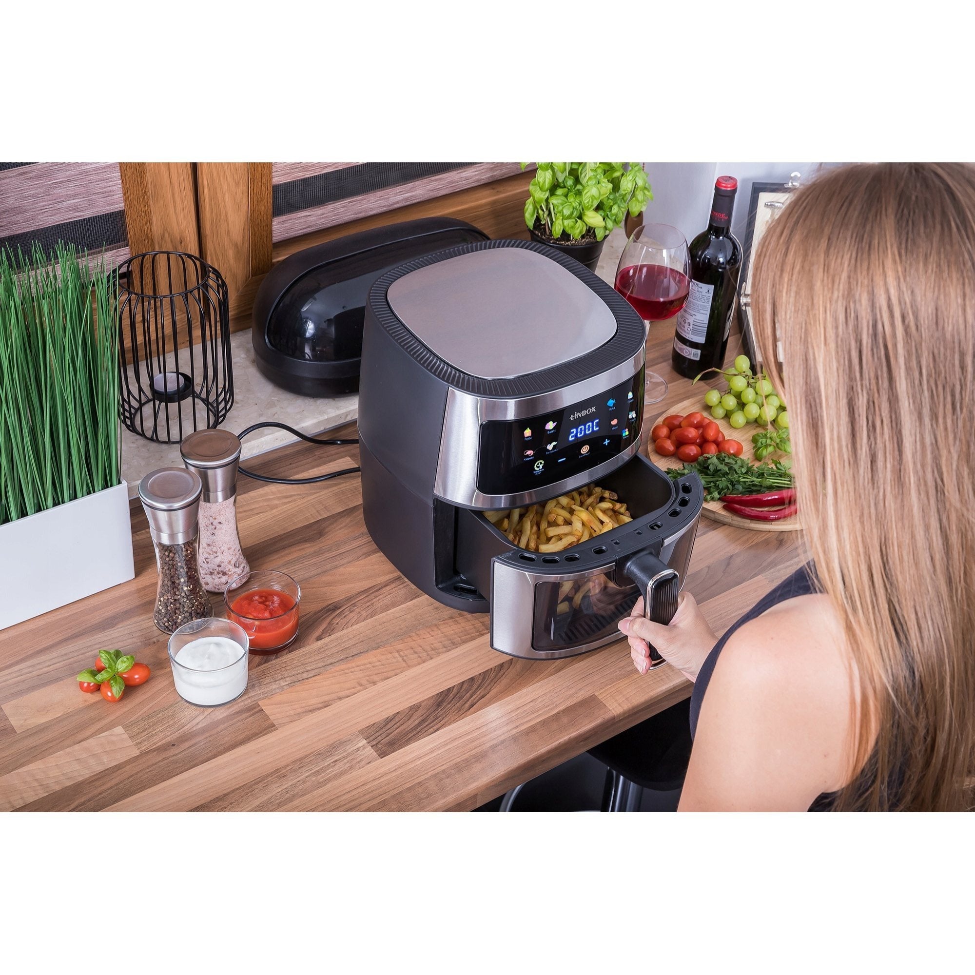 Frytkownica beztłuszczowa AIR fryer 5L/1600W INOX polskie kolorowe MENU podgląd przez okienko