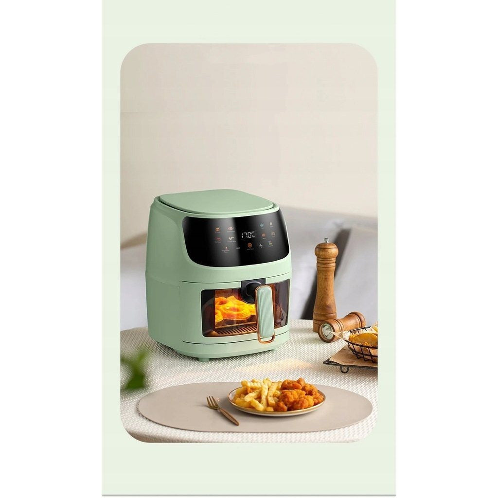 Frytkownica beztłuszczowa AIR fryer 5L/1400W zielona polskie kolorowe MENU podgląd przez okienko