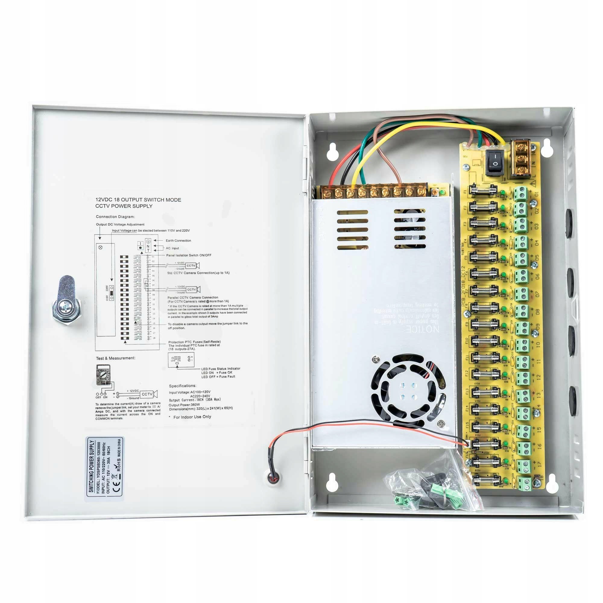 Zasilacz CCTV 12V30A 18wyjść 360W metalowa obudowa do kamer