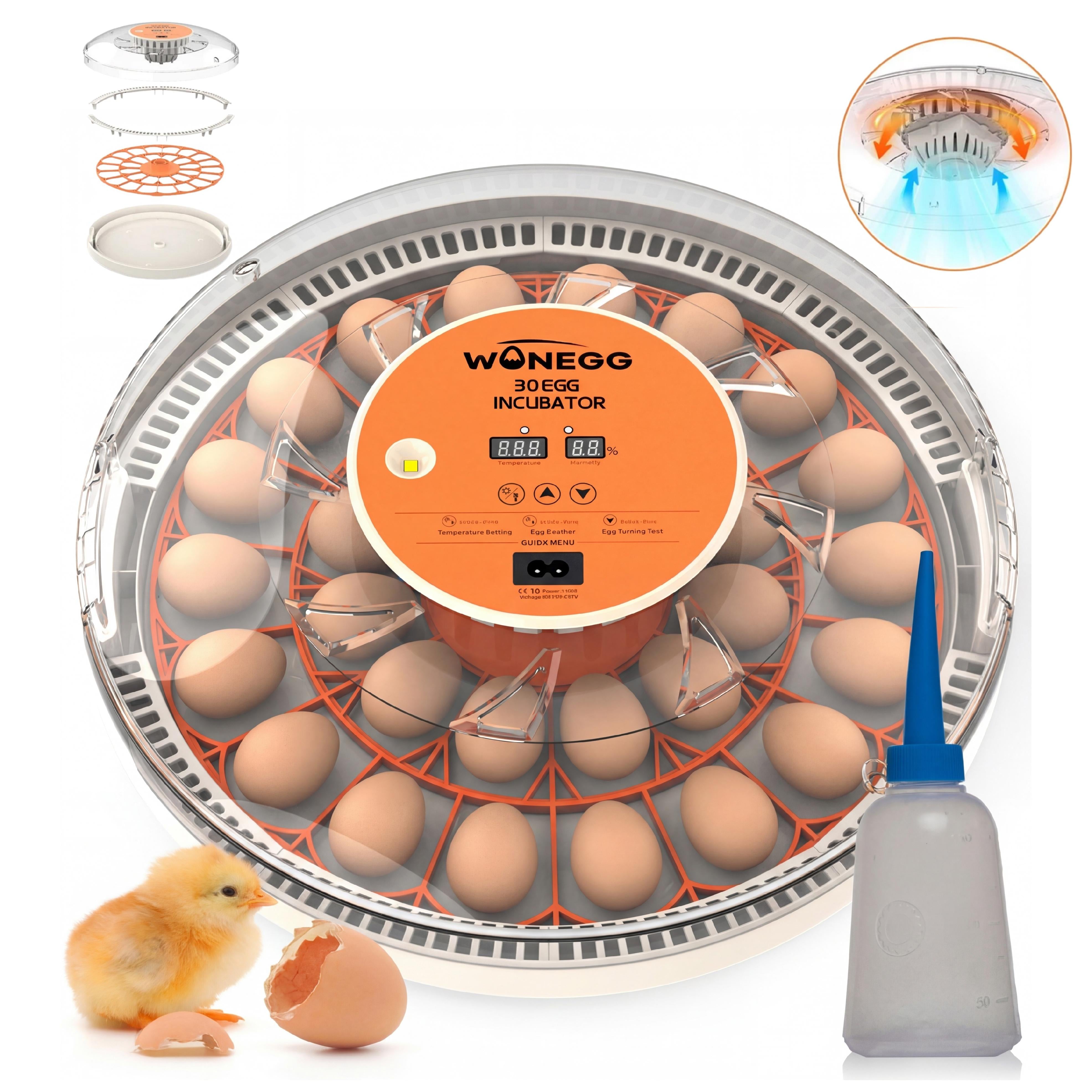 Inkubator do jaj 30 szt. Automatyczne obracanie, LED, regulacja temperatury 37,5-40°C, klujnik do kur, kaczek, przepiórek