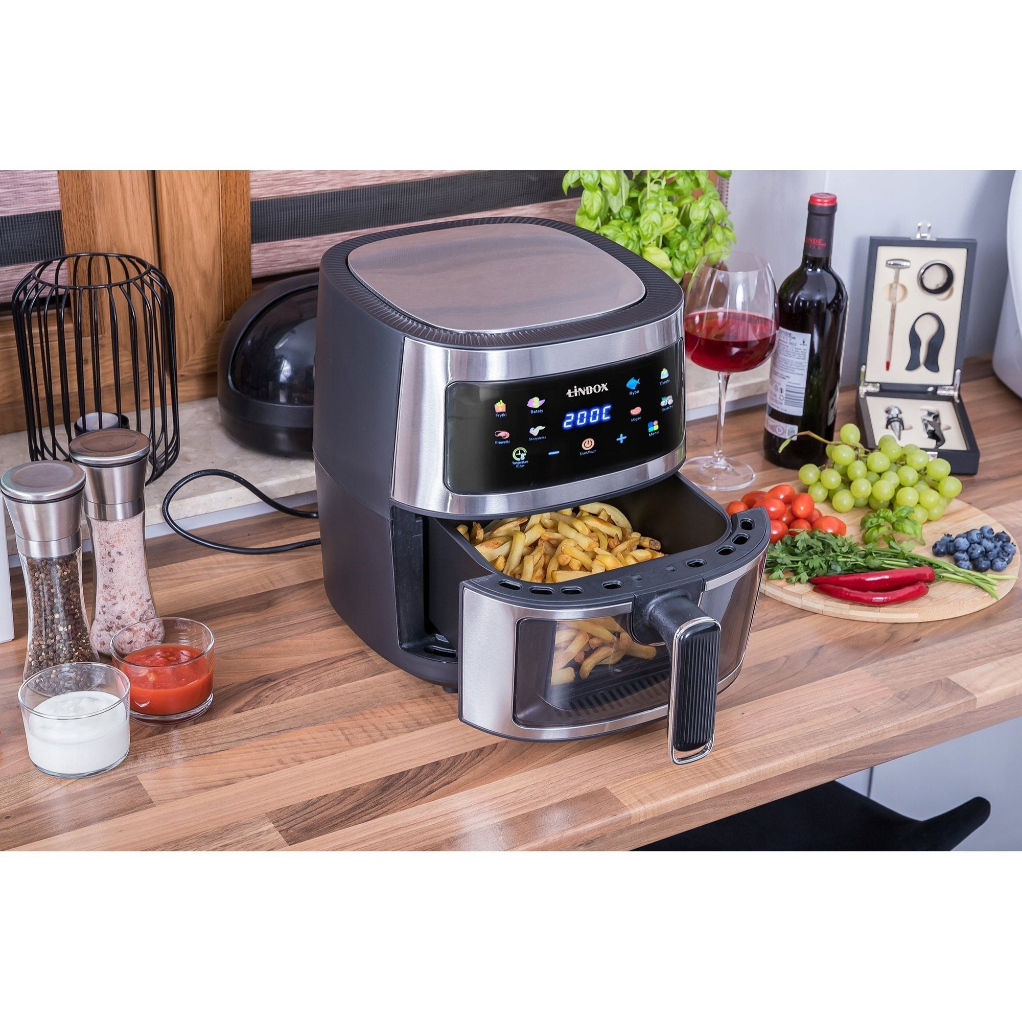 Frytkownica beztłuszczowa AIR fryer 5L/1600W INOX polskie kolorowe MENU podgląd przez okienko